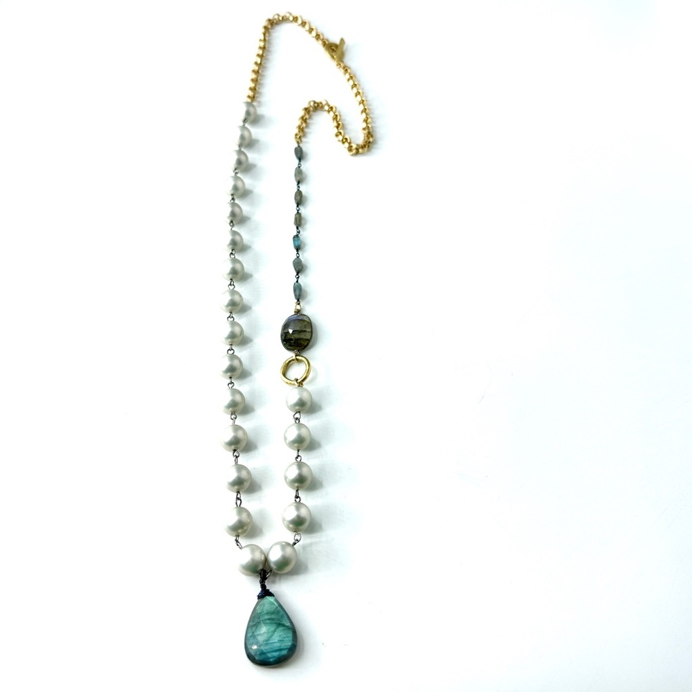 Labradorite Pendant Necklace, Long Gray Necklace